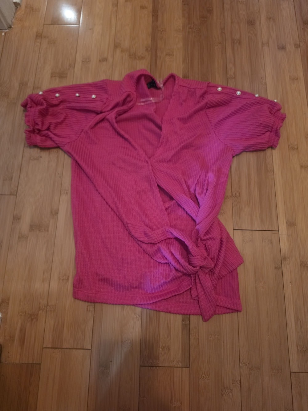 Women’s Pink Tie-Front Ribbed Short Sleeve Blouse